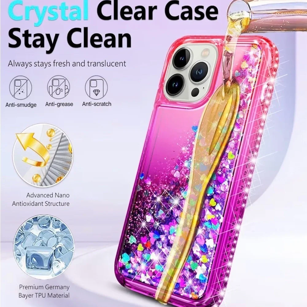 🅽🅴🆆 iPhone 14 Pro case with grip & wrist strap - pink/purple glitter